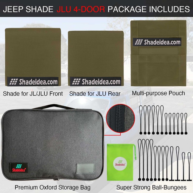 Shadeidea Sun Shade Top for Jeep Wrangler  JL (2018-2023) 4 Door Top Sunshade  Front & Rear - Tank Green JLU Mesh Screen Cover  UV Blocker with Grab Bag Pouch - 10 Year Warranty - Image 4